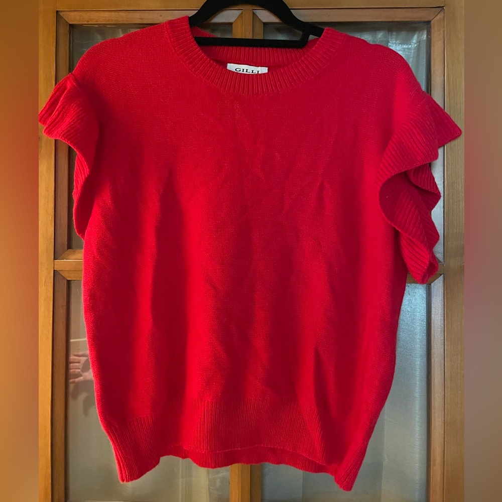 Red ruffle sleeve sweater